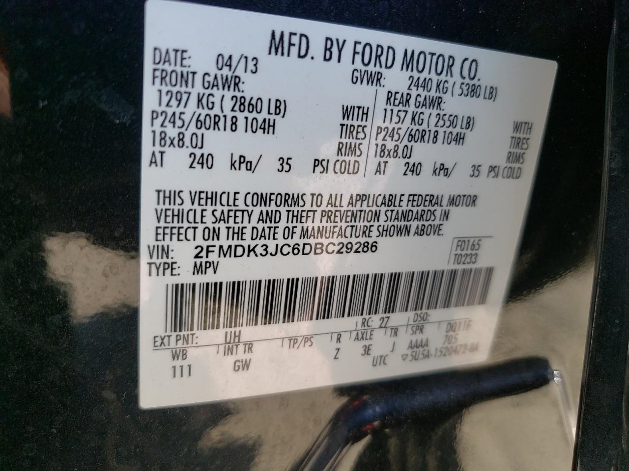 Photo 10 from auction – 2013 FORD EDGE with VIN 2FMDK3JC6DBC29286