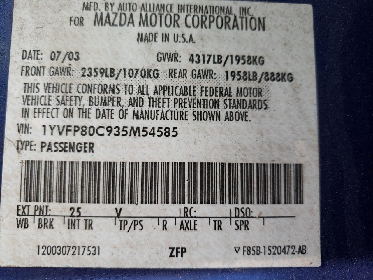 Photo 10 from auction – 2003 MAZDA 6 I with VIN 1YVFP80C935M54585