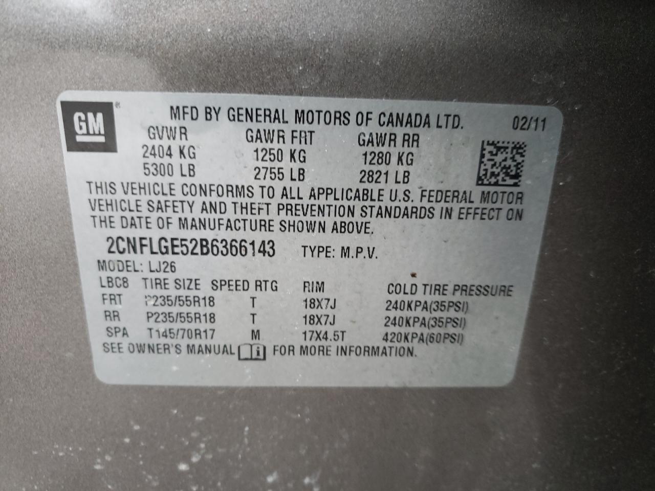 Фото 10 с аукциона – 2011 CHEVROLET EQUINOX LT с VIN 2CNFLGE52B6366143