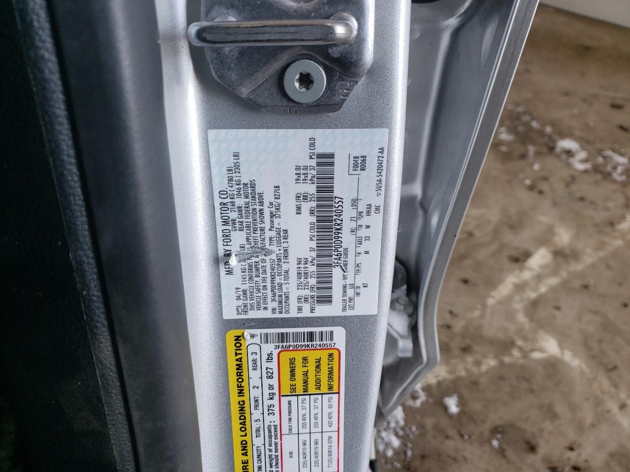 Photo 10 from auction – 2019 FORD FUSION TIT with VIN 3FA6P0D99KR240557