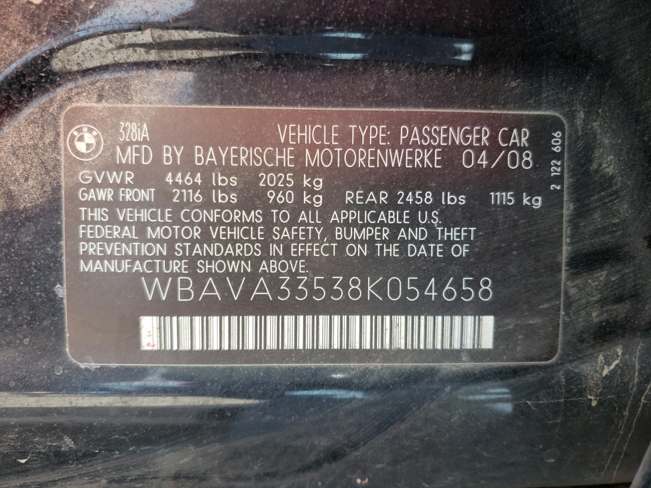 Photo 10 from auction – 2008 BMW 328 I with VIN WBAVA33538K054658