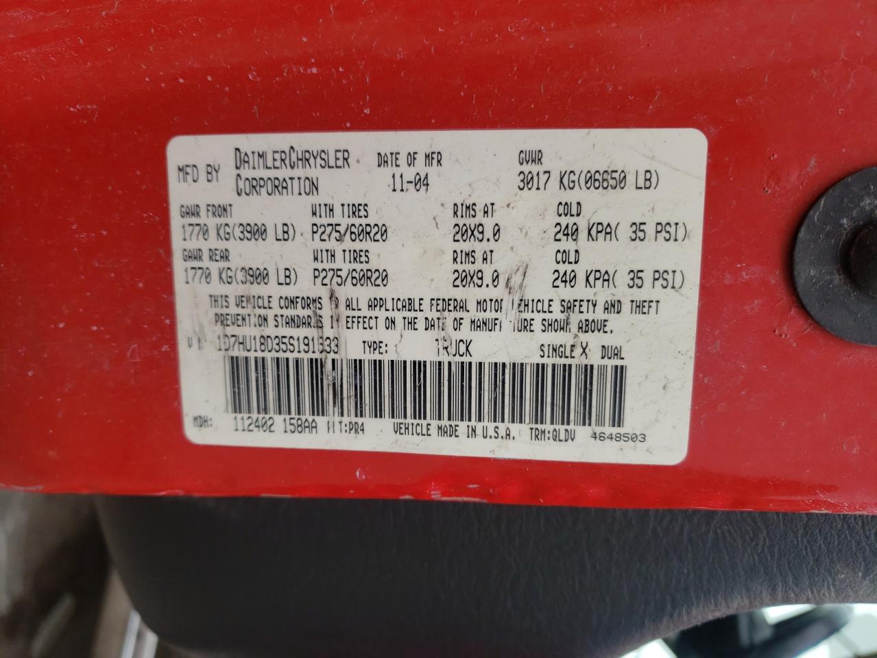 Foto 10 de la subasta – 2005 DODGE RAM 1500 S con VIN 1D7HU18D35S191533