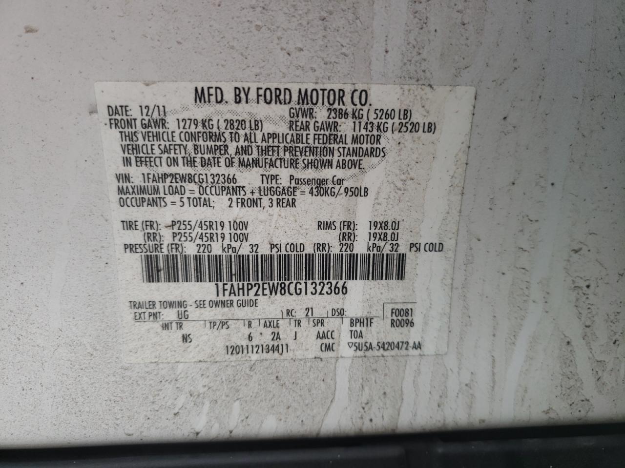 Photo 10 from auction – 2012 FORD TAURUS SEL with VIN 1FAHP2EW8CG132366