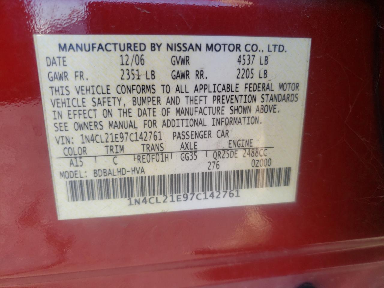 Photo 10 from auction – 2007 NISSAN ALTIMA HYB with VIN 1N4CL21E97C142761