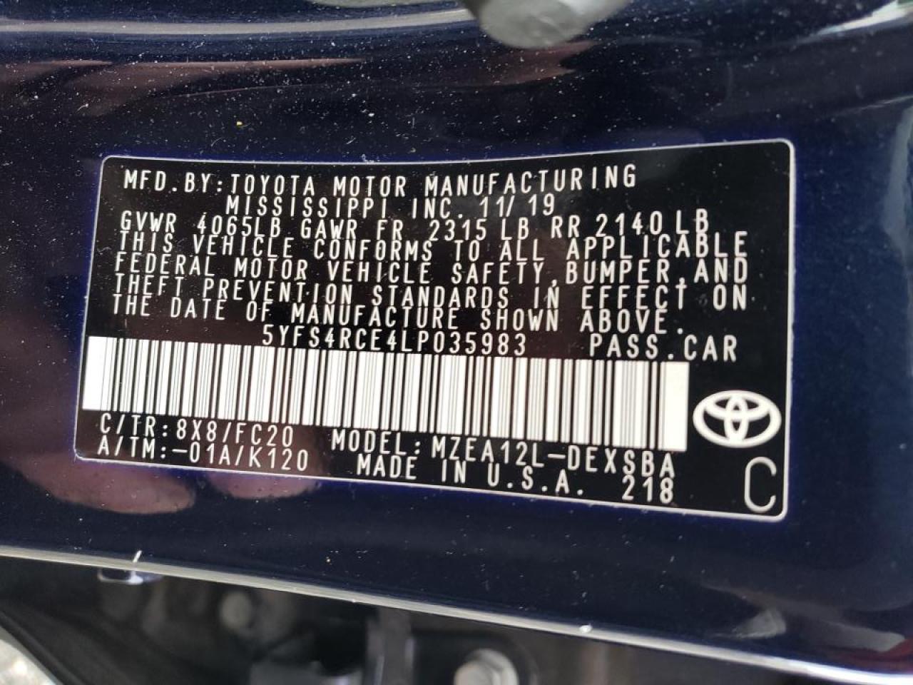 Photo 10 from auction – 2020 TOYOTA COROLLA SE with VIN 5YFS4RCE4LP035983