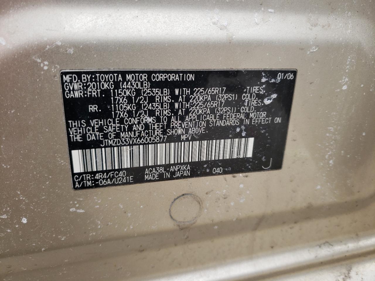 Photo 10 from auction – 2006 TOYOTA RAV4 with VIN JTMZD33VX66005877