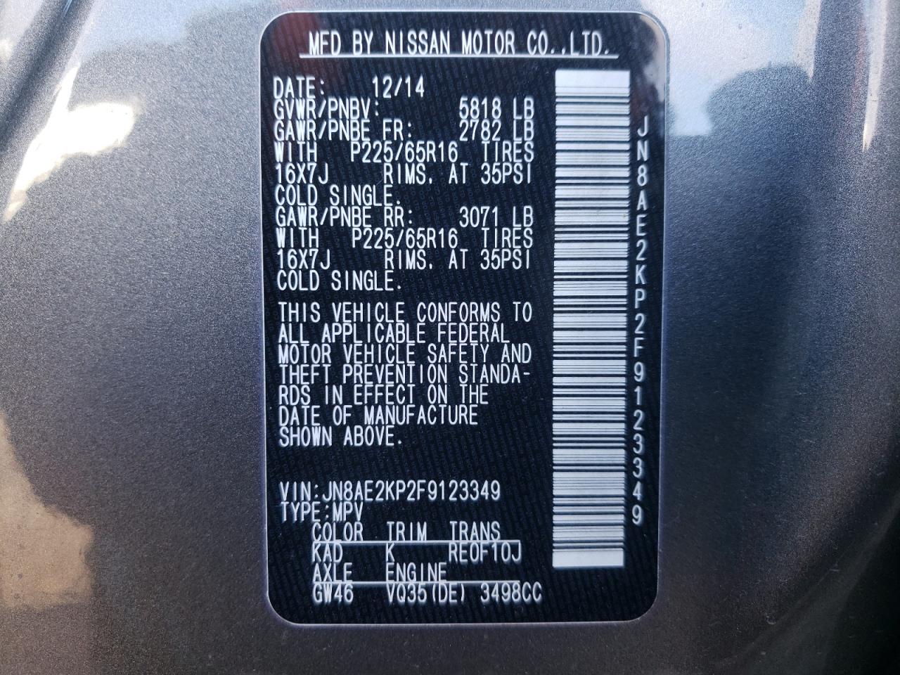 Photo 10 from auction – 2015 NISSAN QUEST S with VIN JN8AE2KP2F9123349