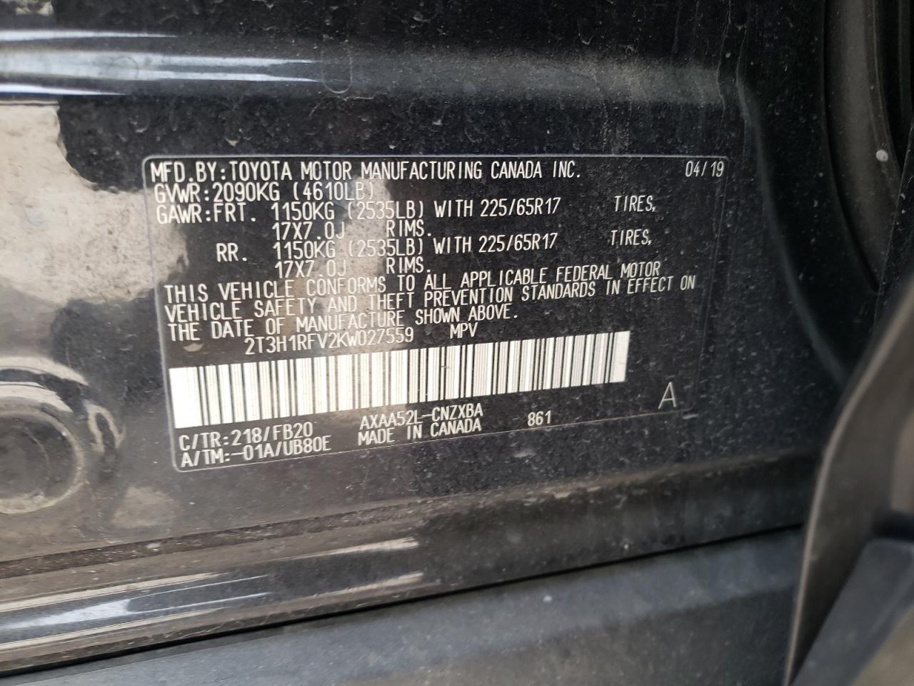 Photo 10 from auction – 2019 TOYOTA RAV4 LE with VIN 2T3H1RFV2KW027559