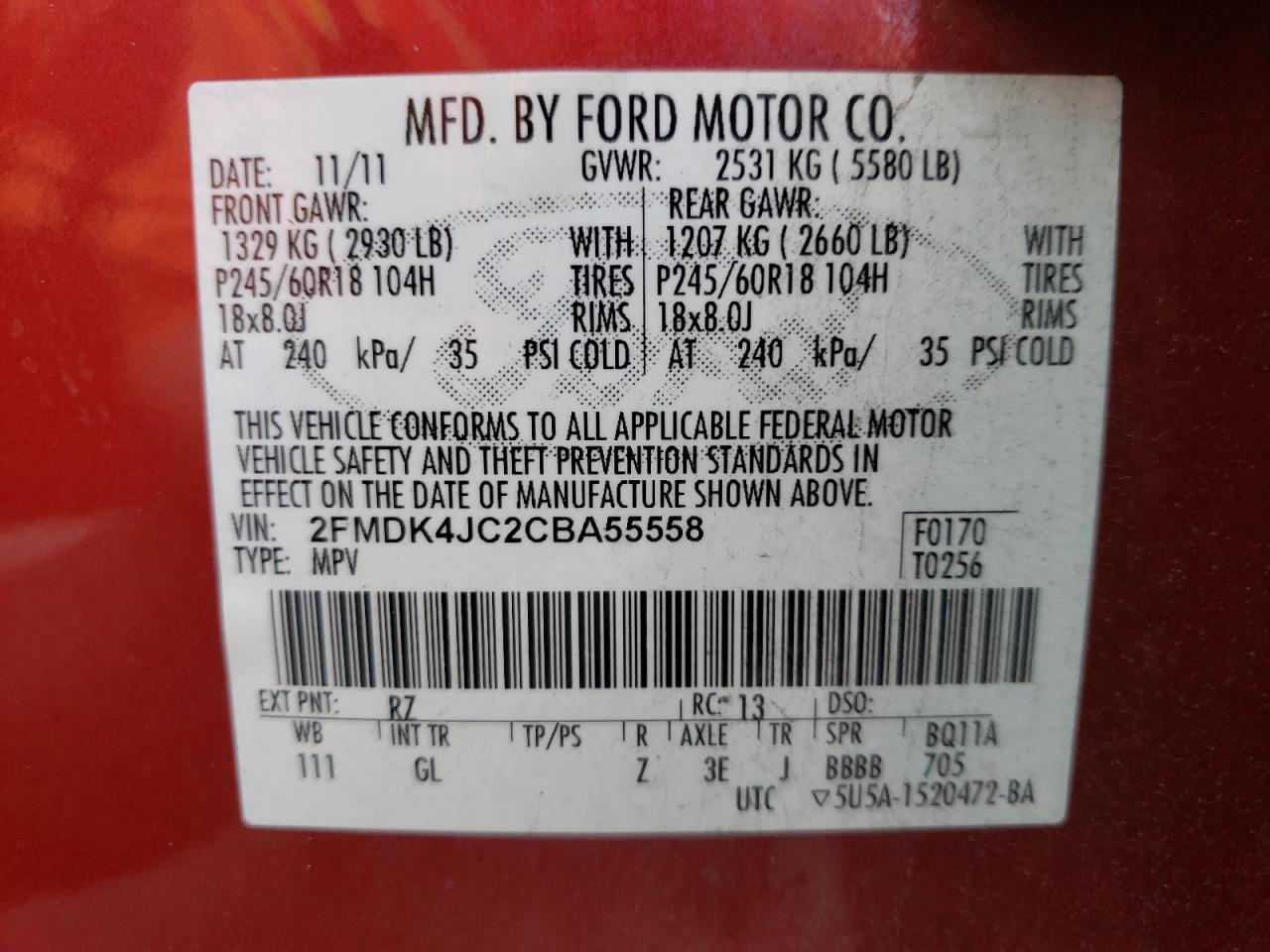 Photo 10 from auction – 2012 FORD EDGE SEL with VIN 2FMDK4JC2CBA55558
