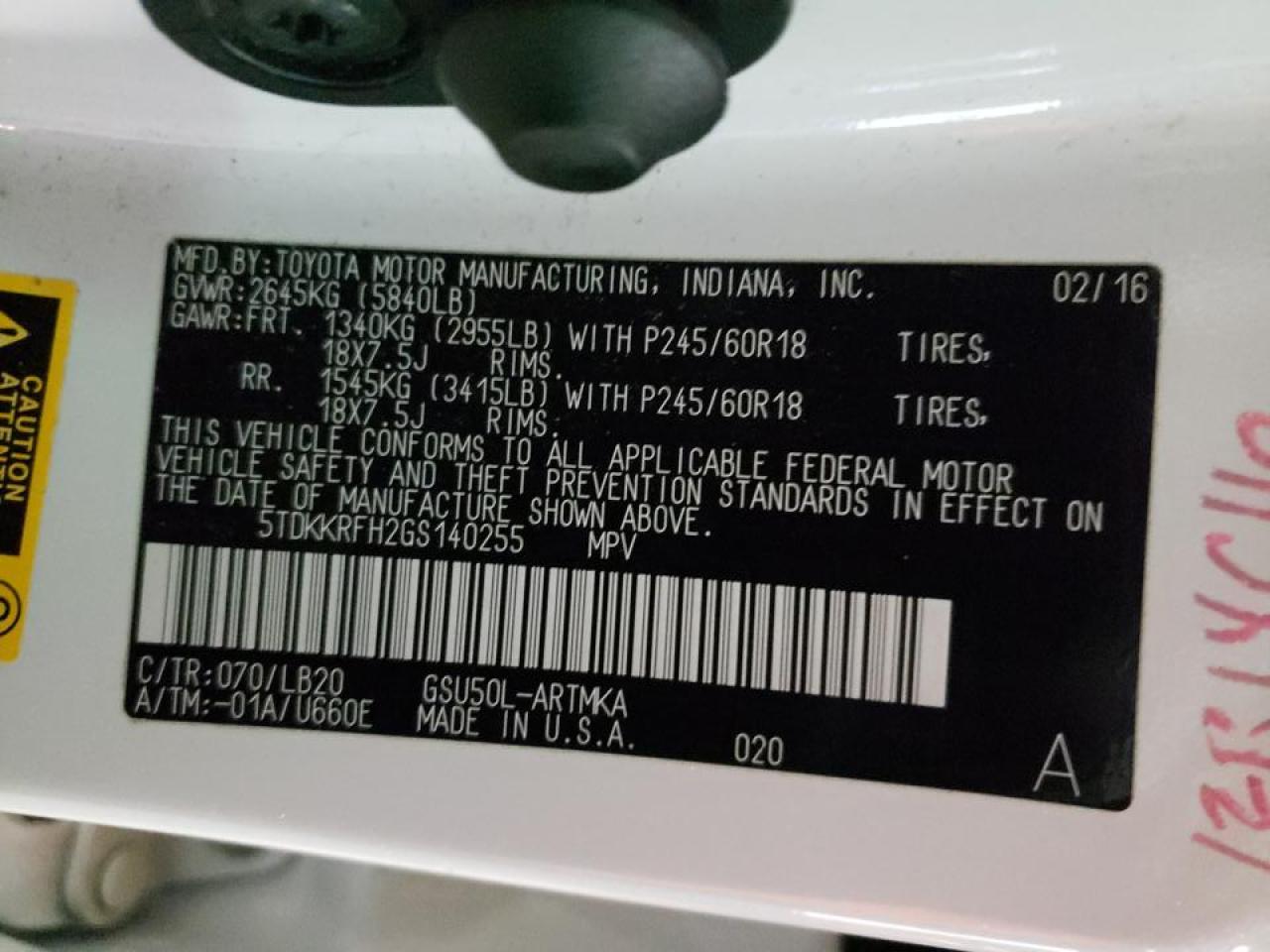 Photo 10 from auction – 2016 TOYOTA HIGHLANDER with VIN 5TDKKRFH2GS140255