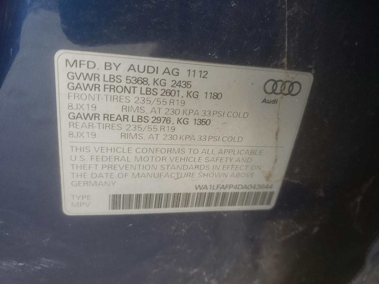 Photo 10 from auction – 2013 AUDI Q5 PREMIUM with VIN WA1LFAFP4DA043644