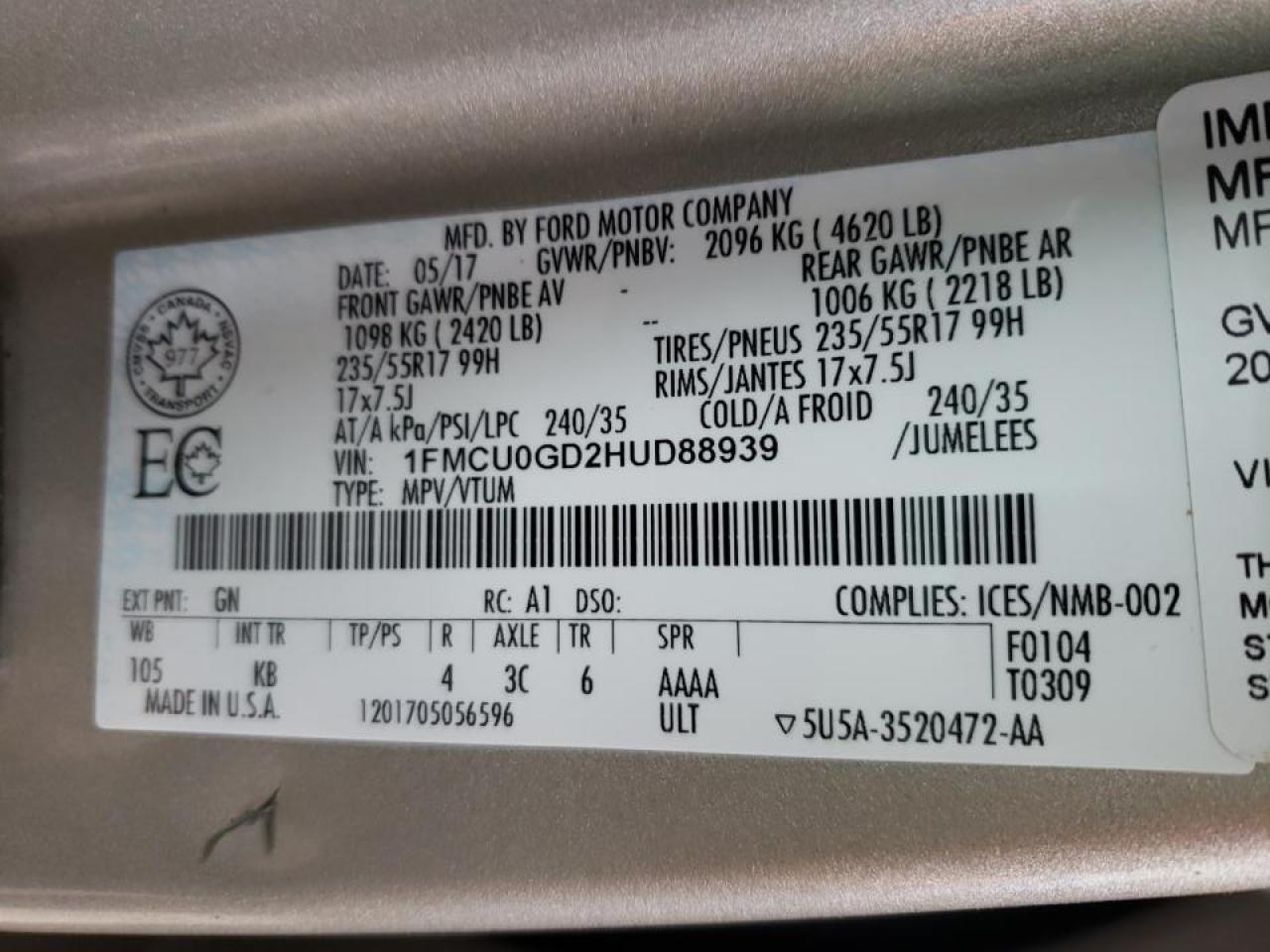 Photo 10 from auction – 2017 FORD ESCAPE SE with VIN 1FMCU0GD2HUD88939