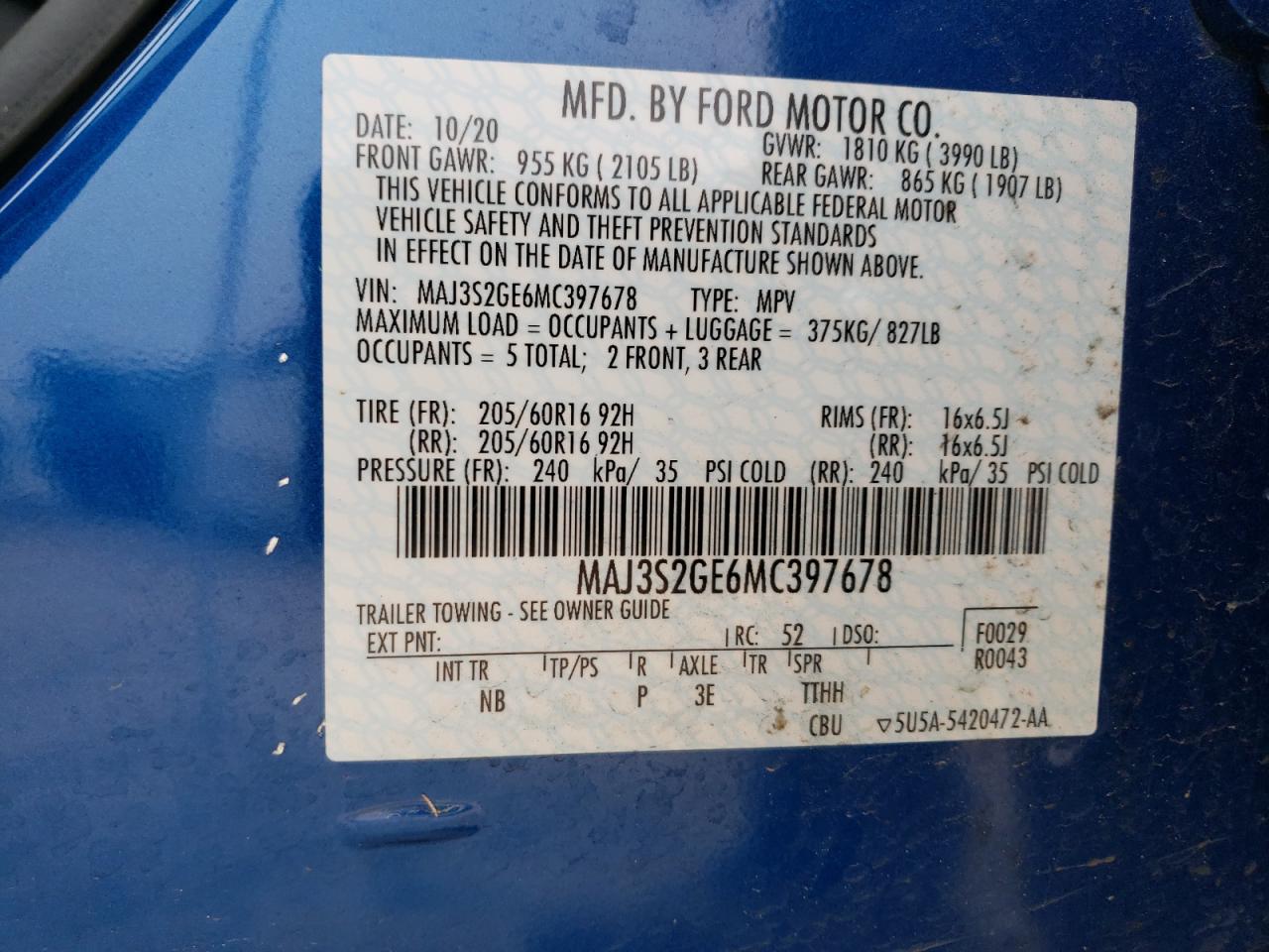 Photo 10 from auction – 2021 FORD ECOSPORT S with VIN MAJ3S2GE6MC397678