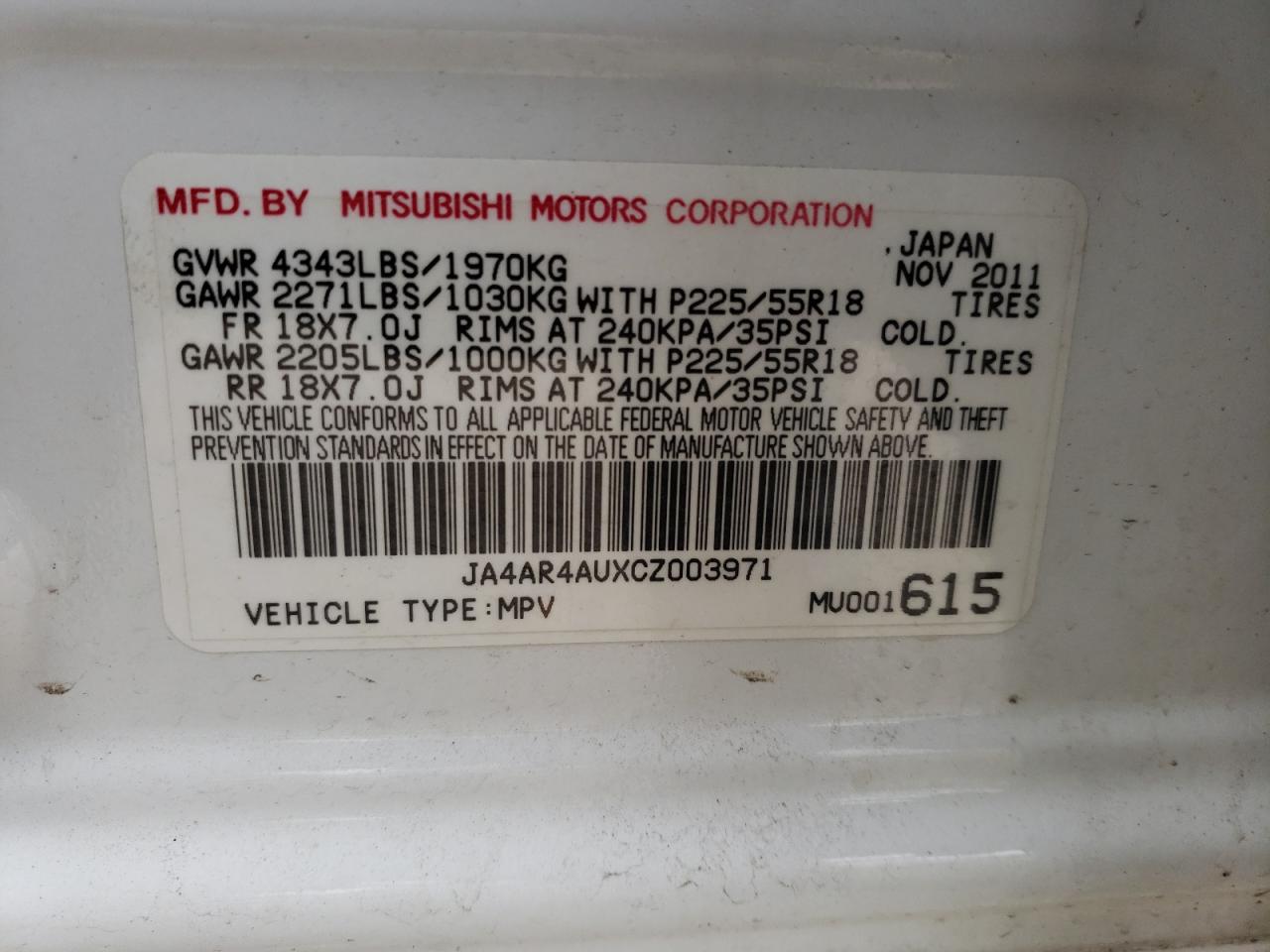 Photo 10 from auction – 2012 MITSUBISHI OUTLANDER with VIN JA4AR4AUXCZ003971