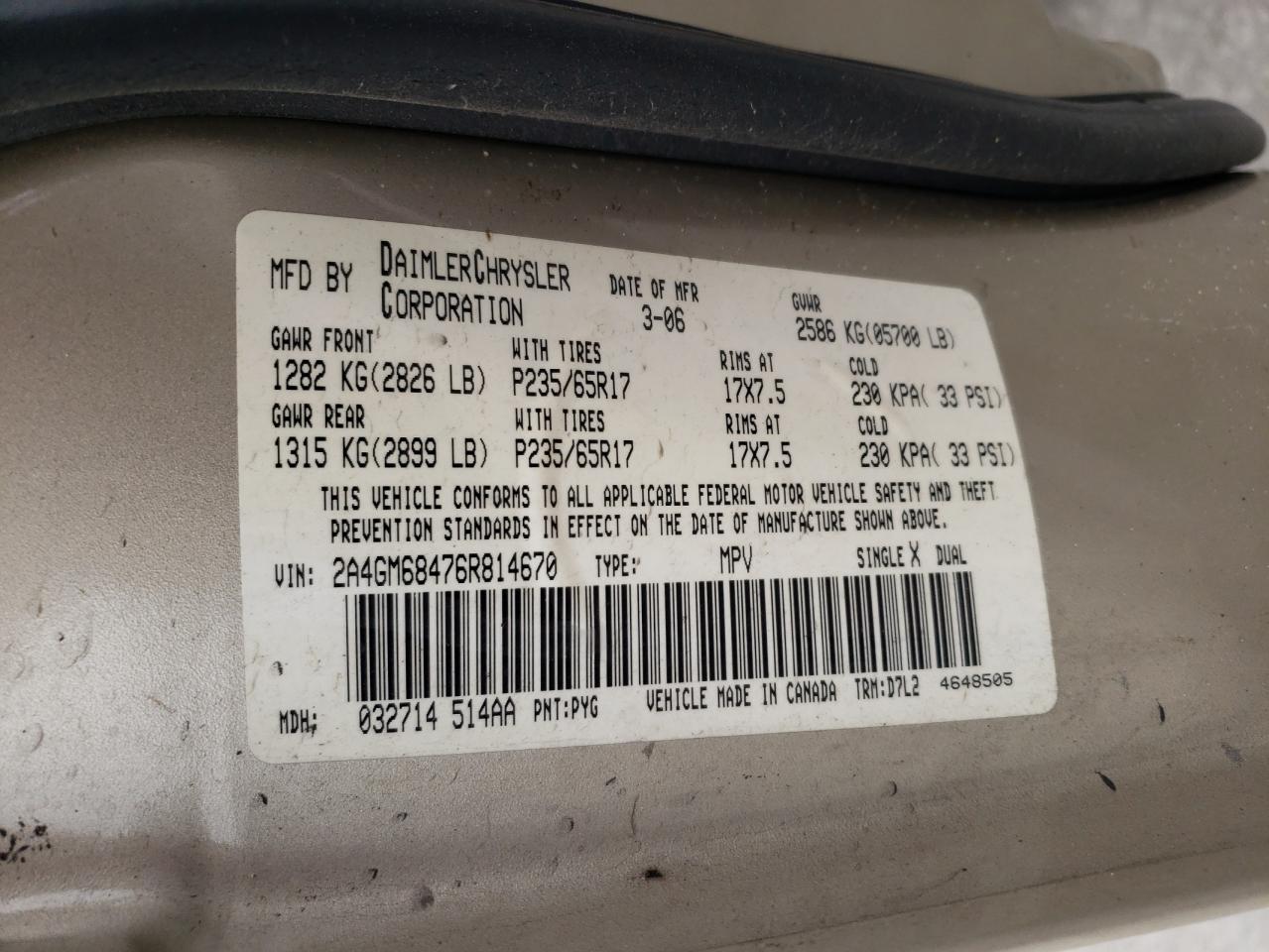 Photo 10 from auction – 2006 CHRYSLER PACIFICA T with VIN 2A4GM68476R814670