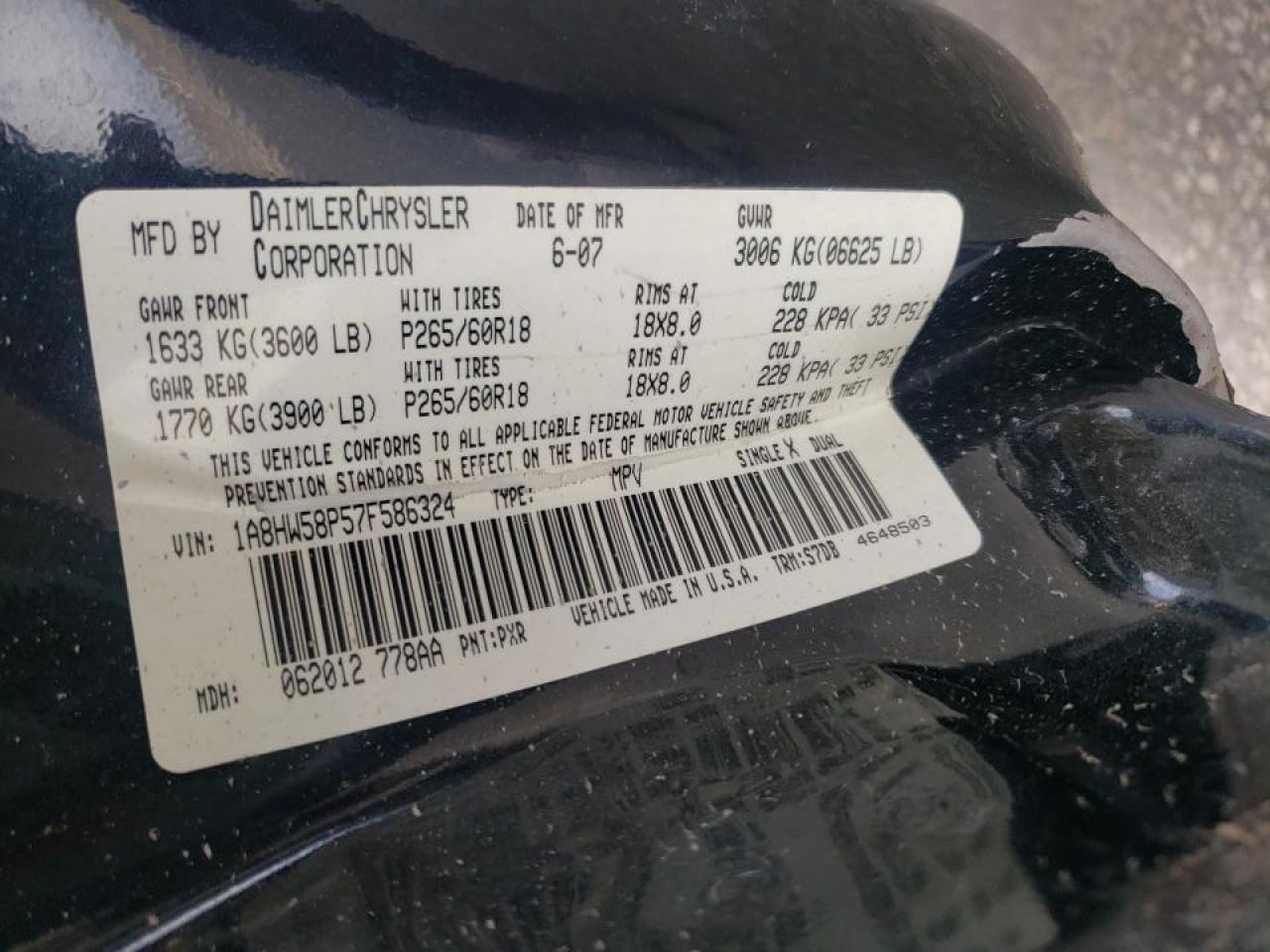 Photo 10 from auction – 2007 CHRYSLER ASPEN LIMI with VIN 1A8HW58P57F586324