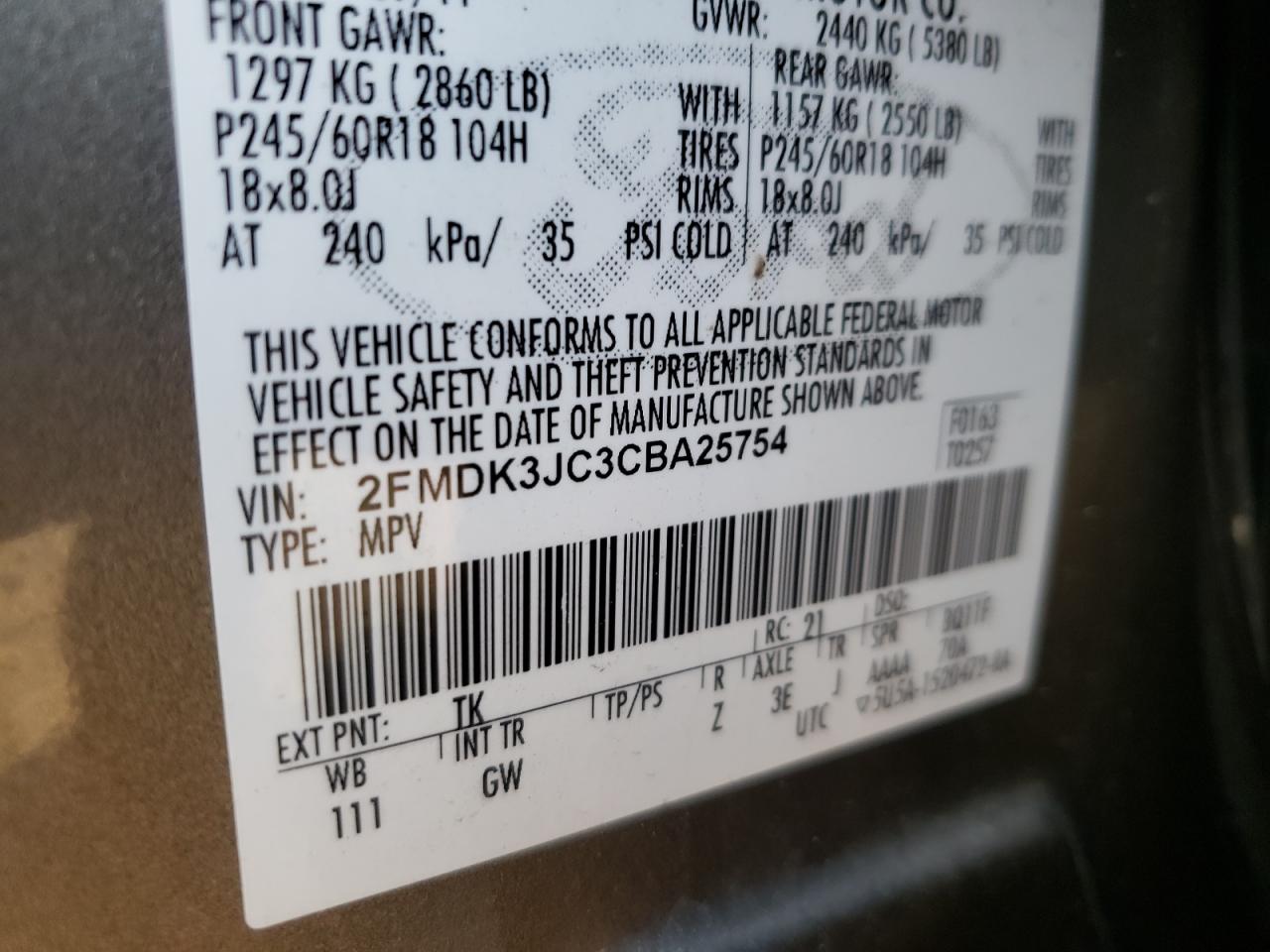 Photo 10 from auction – 2012 FORD EDGE SEL with VIN 2FMDK3JC3CBA25754
