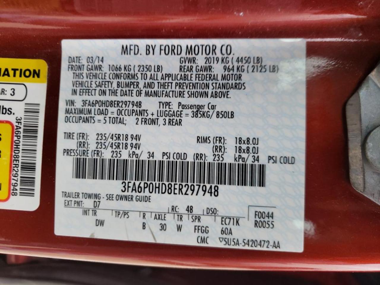Photo 10 from auction – 2014 FORD FUSION SE with VIN 3FA6P0HD8ER297948