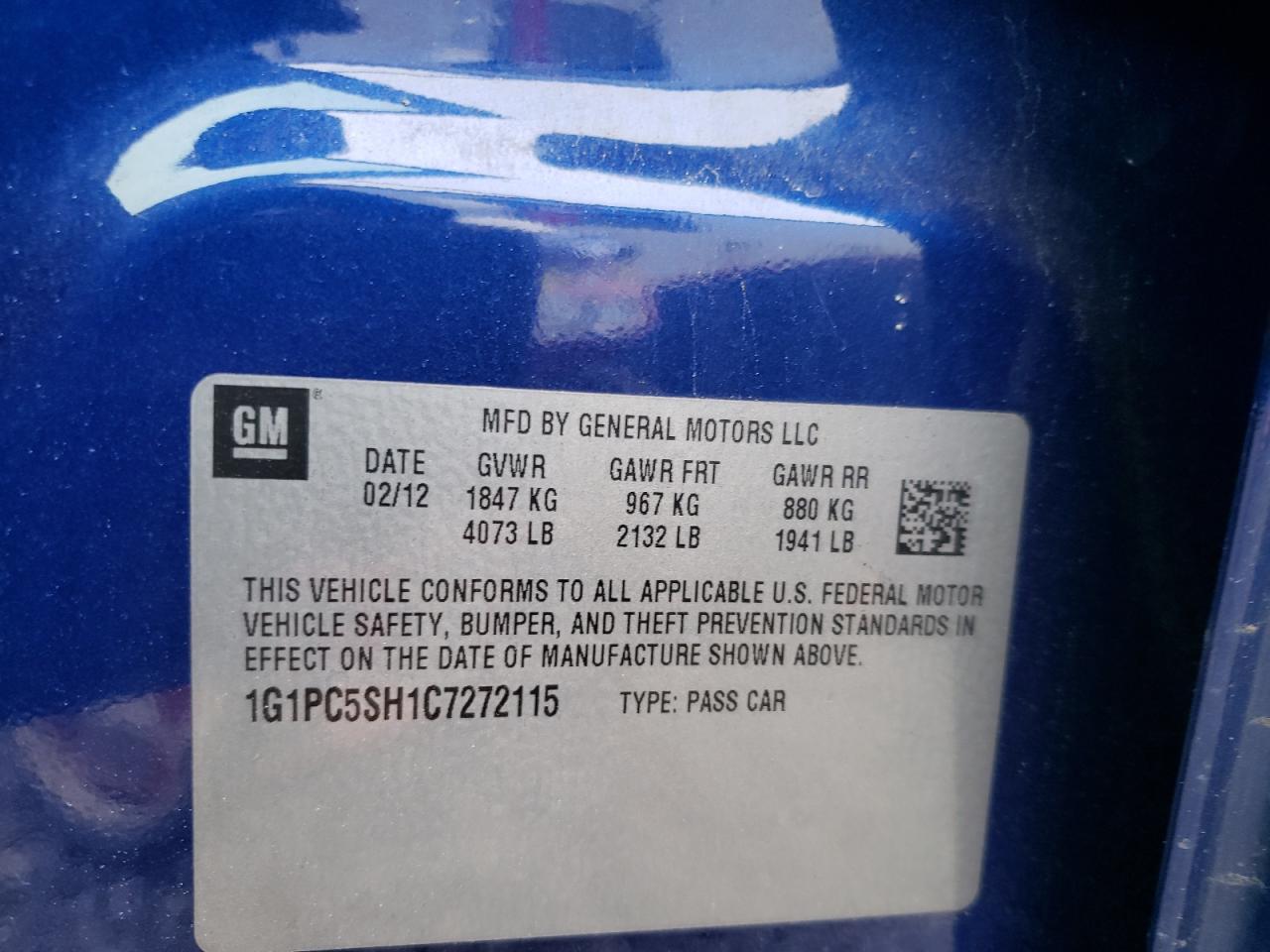 Photo 10 from auction – 2012 CHEVROLET CRUZE LS with VIN 1G1PC5SH1C7272115