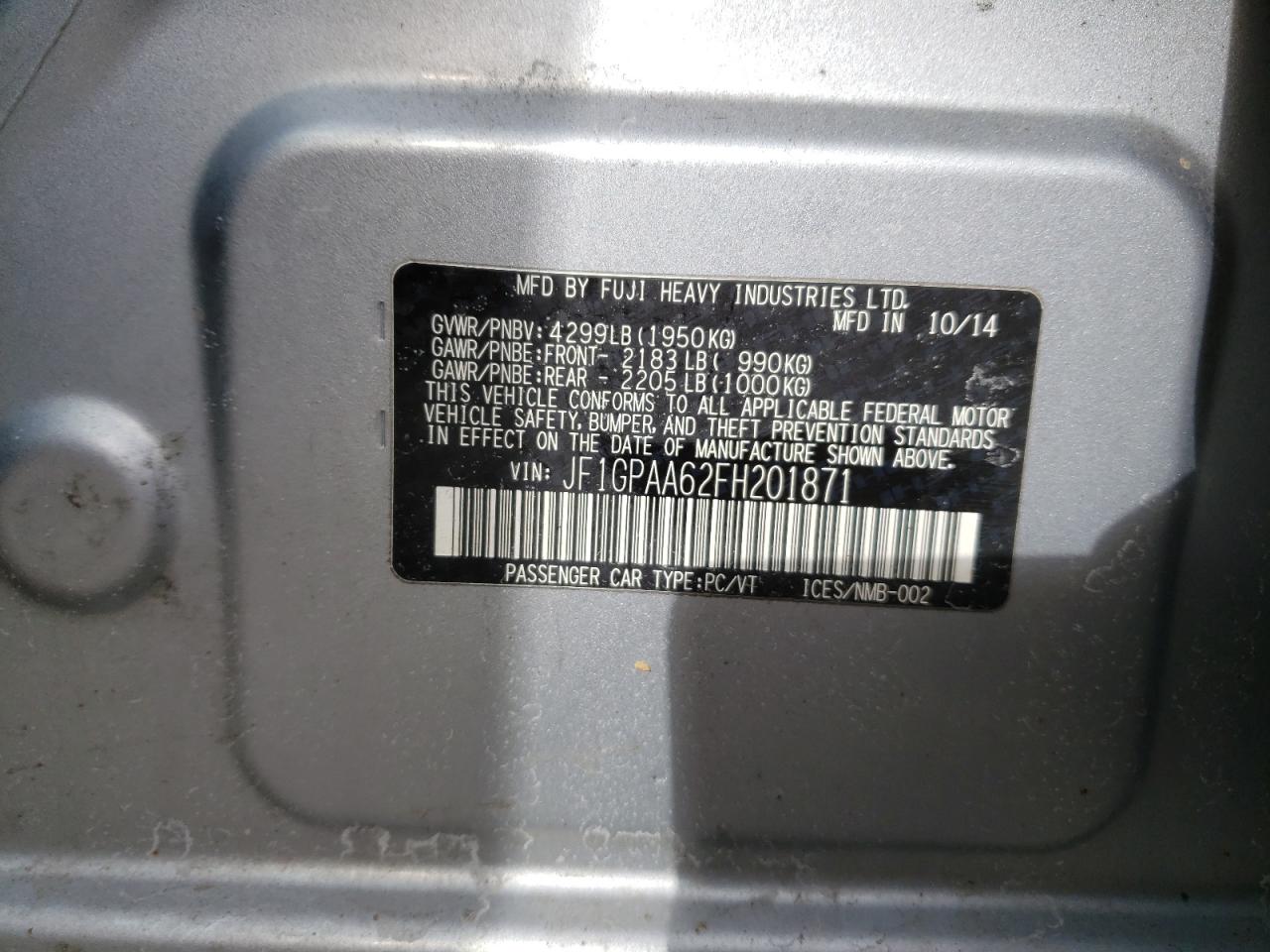 Photo 10 from auction – 2015 SUBARU IMPREZA with VIN JF1GPAA62FH201871