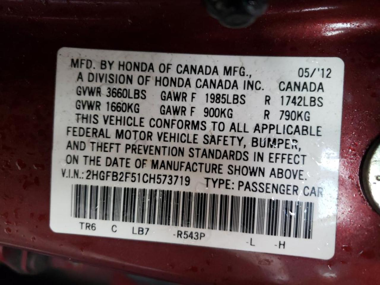 Photo 10 from auction – 2012 HONDA CIVIC LX with VIN 2HGFB2F51CH573719