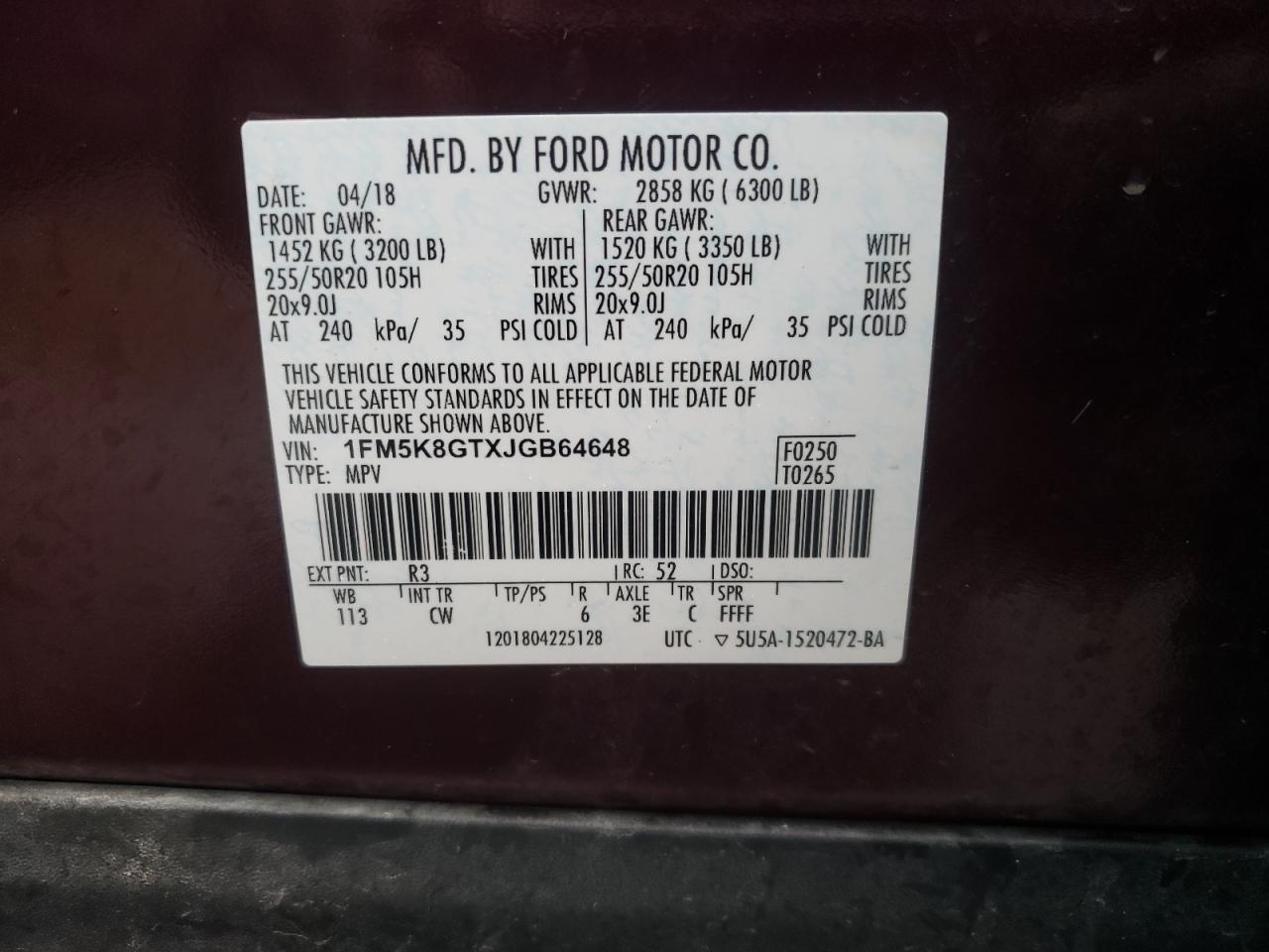 Photo 10 from auction – 2018 FORD EXPLORER S with VIN 1FM5K8GTXJGB64648