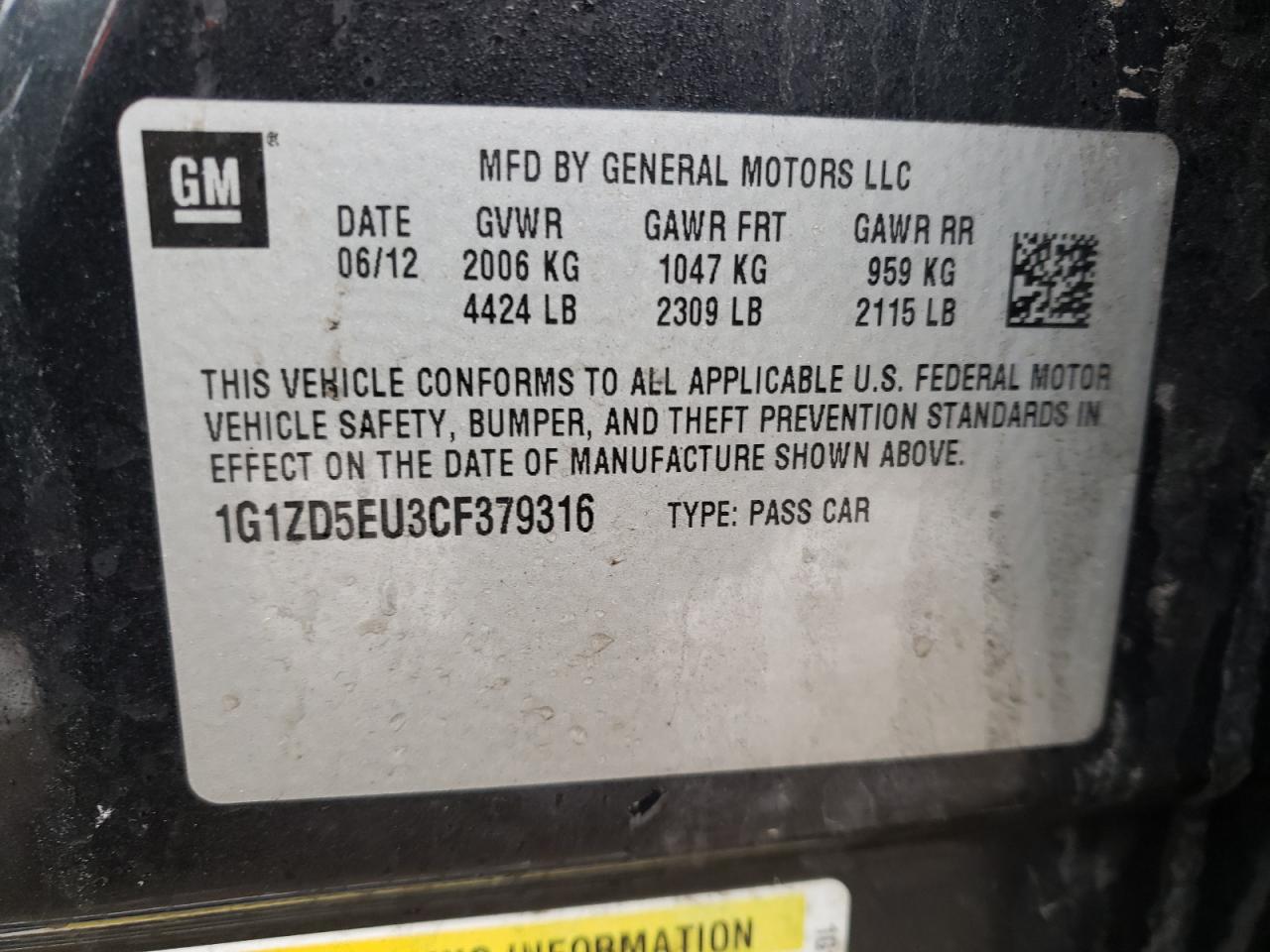 Photo 10 from auction – 2012 CHEVROLET MALIBU 2LT with VIN 1G1ZD5EU3CF379316