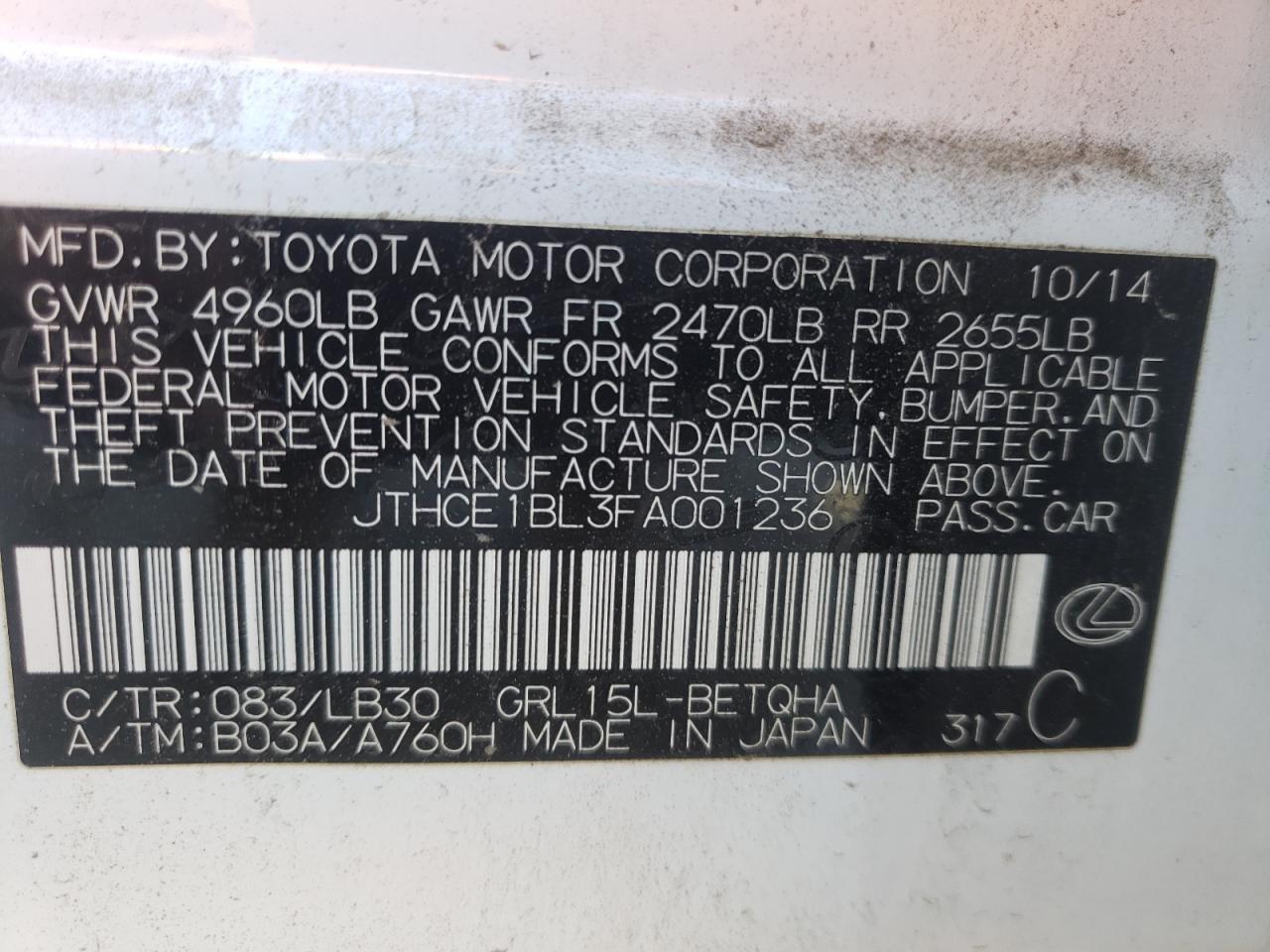 Photo 10 from auction – 2015 LEXUS GS 350 with VIN JTHCE1BL3FA001236