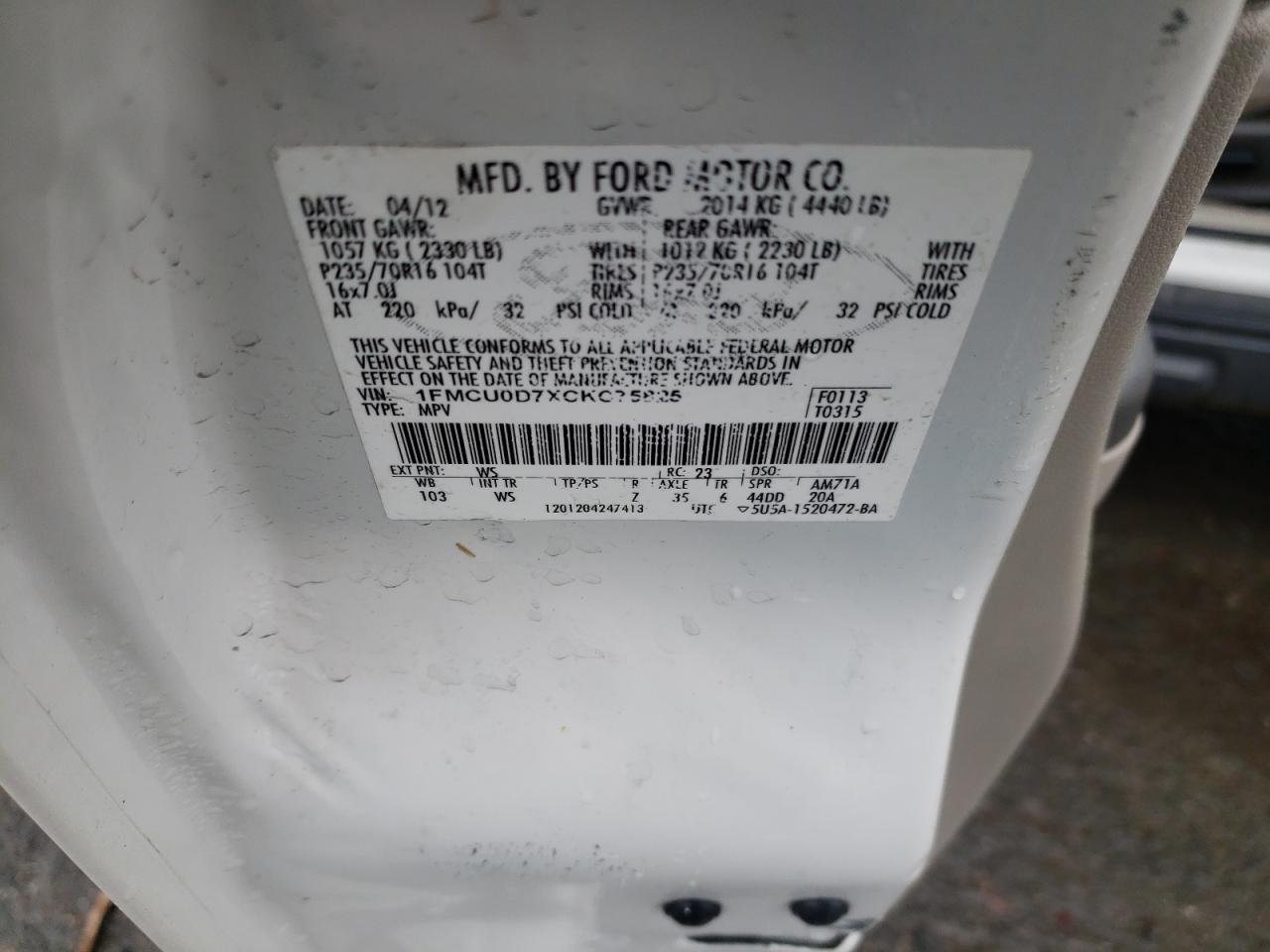 Photo 10 from auction – 2012 FORD ESCAPE XLT with VIN 1FMCU0D7XCKC75825