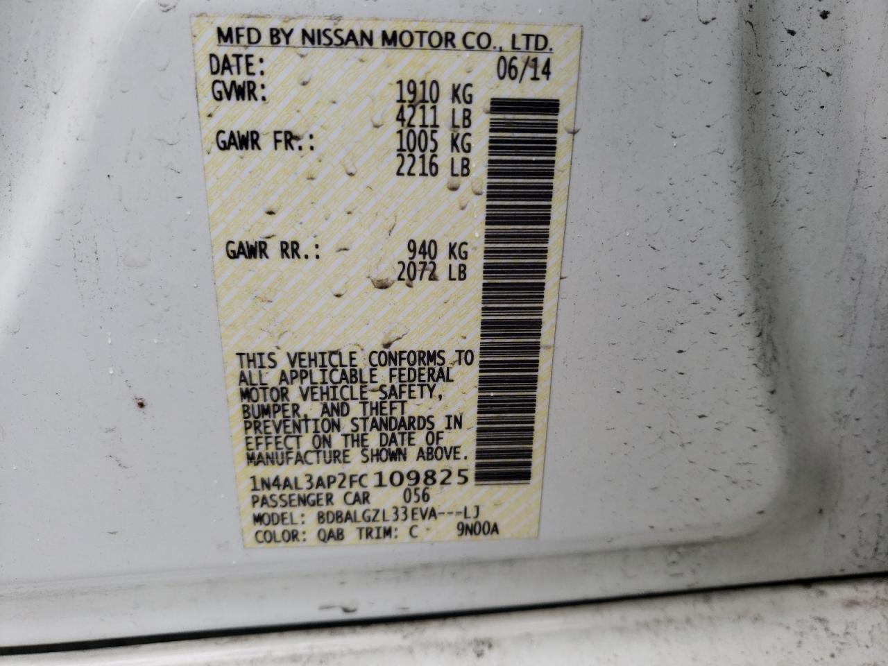 Photo 10 from auction – 2015 NISSAN ALTIMA 2.5 with VIN 1N4AL3AP2FC109825