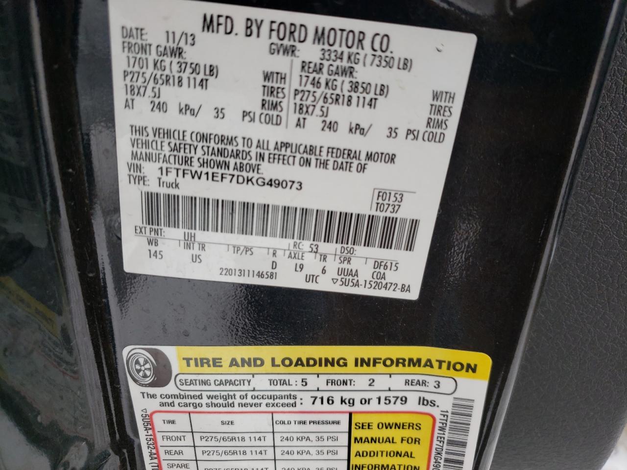 Photo 10 from auction – 2013 FORD F150 SUPER with VIN 1FTFW1EF7DKG49073