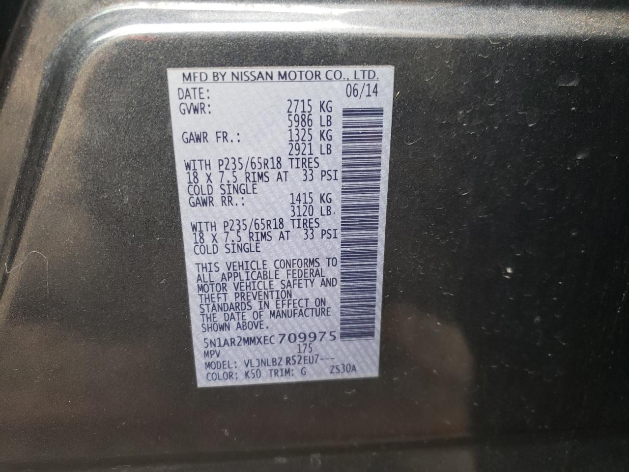 Photo 10 from auction – 2014 NISSAN PATHFINDER with VIN 5N1AR2MMXEC709975