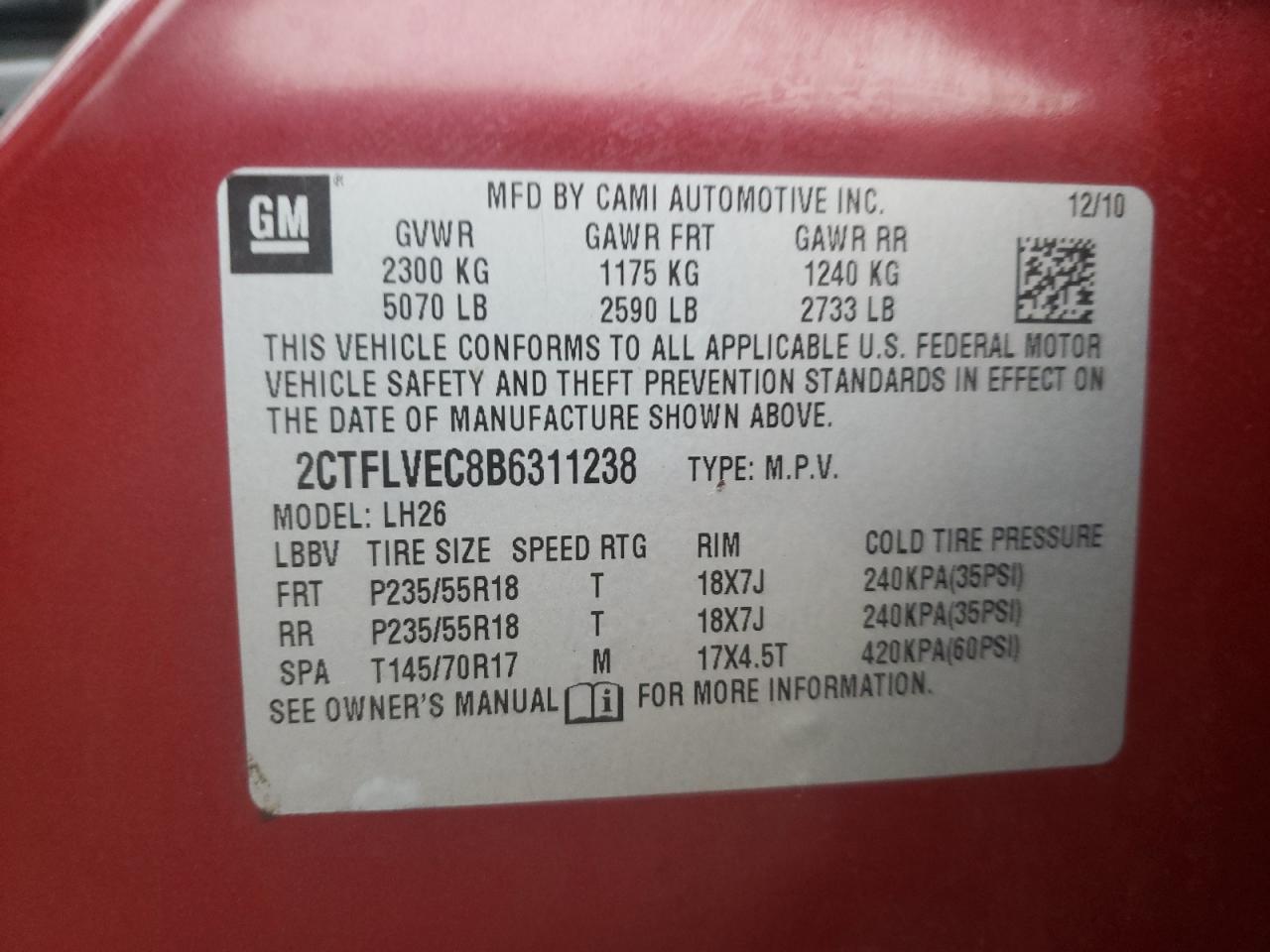 Photo 10 from auction – 2011 GMC TERRAIN SL with VIN 2CTFLVEC8B6311238