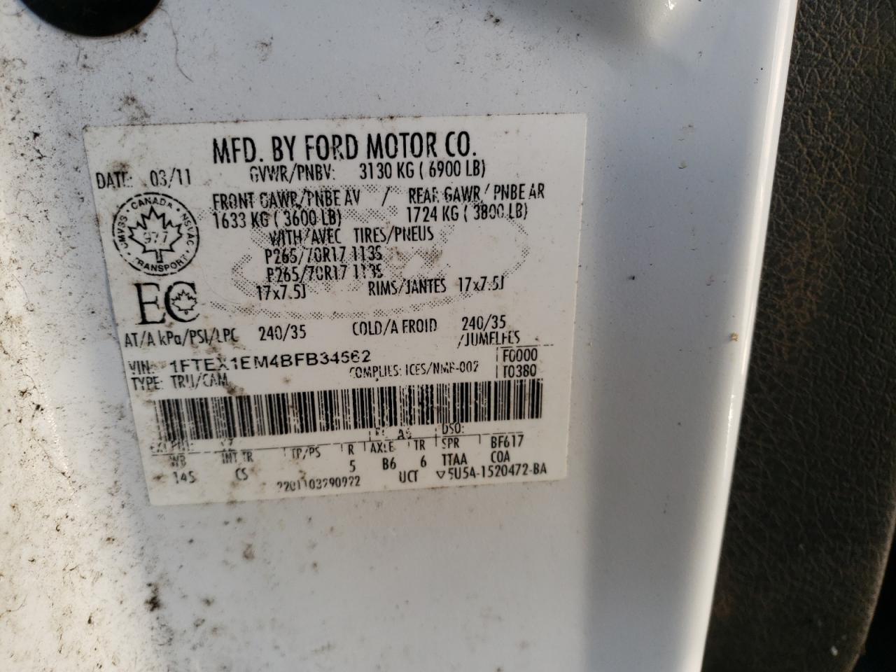 Foto 10 de la subasta – 2011 FORD F150 SUPER con VIN 1FTEX1EM4BFB34562