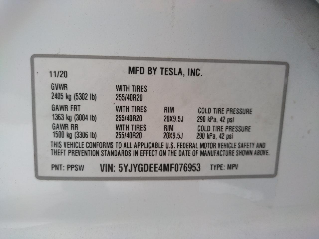 Photo 10 from auction – 2021 TESLA MODEL Y with VIN 5YJYGDEE4MF076953