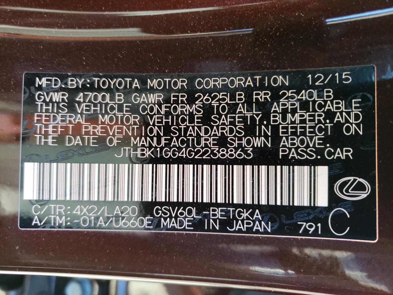 Photo 10 from auction – 2016 LEXUS ES 350 with VIN JTHBK1GG4G2238863