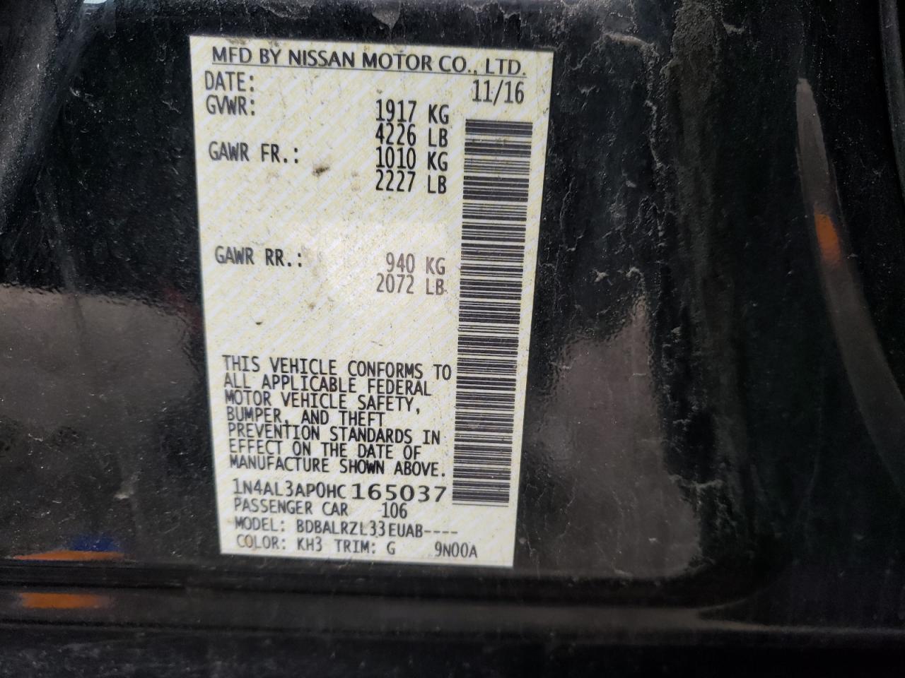 Photo 10 from auction – 2017 NISSAN ALTIMA 2.5 with VIN 1N4AL3AP0HC165037