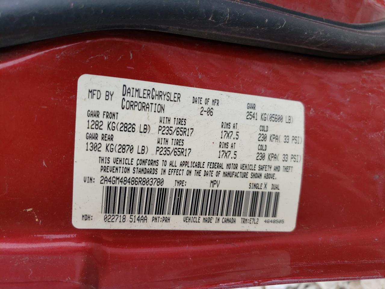 Photo 10 from auction – 2006 CHRYSLER PACIFICA with VIN 2A4GM48486R803780