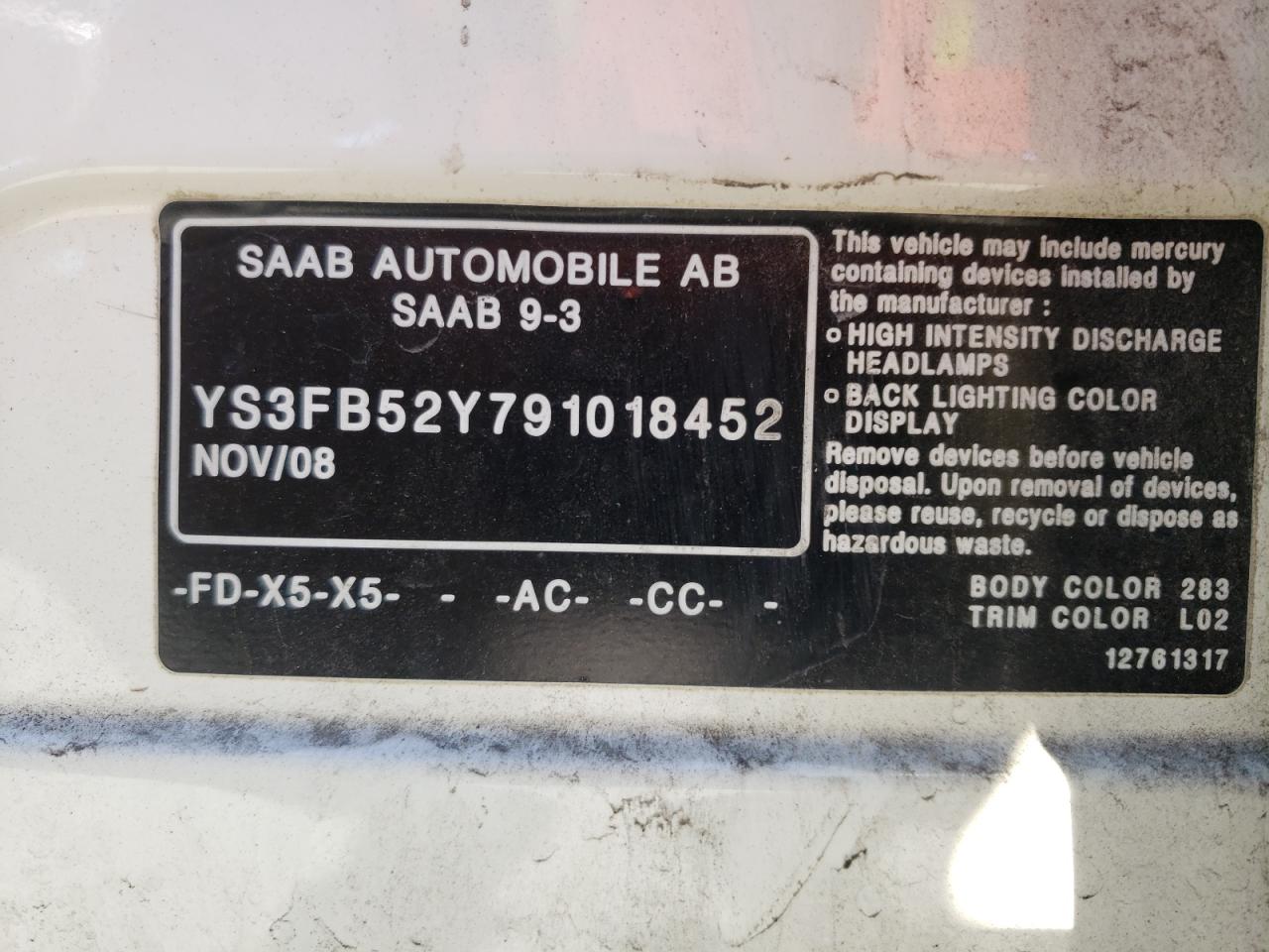 Photo 10 from auction – 2009 SAAB 9-3 2.0T with VIN YS3FB52Y791018452