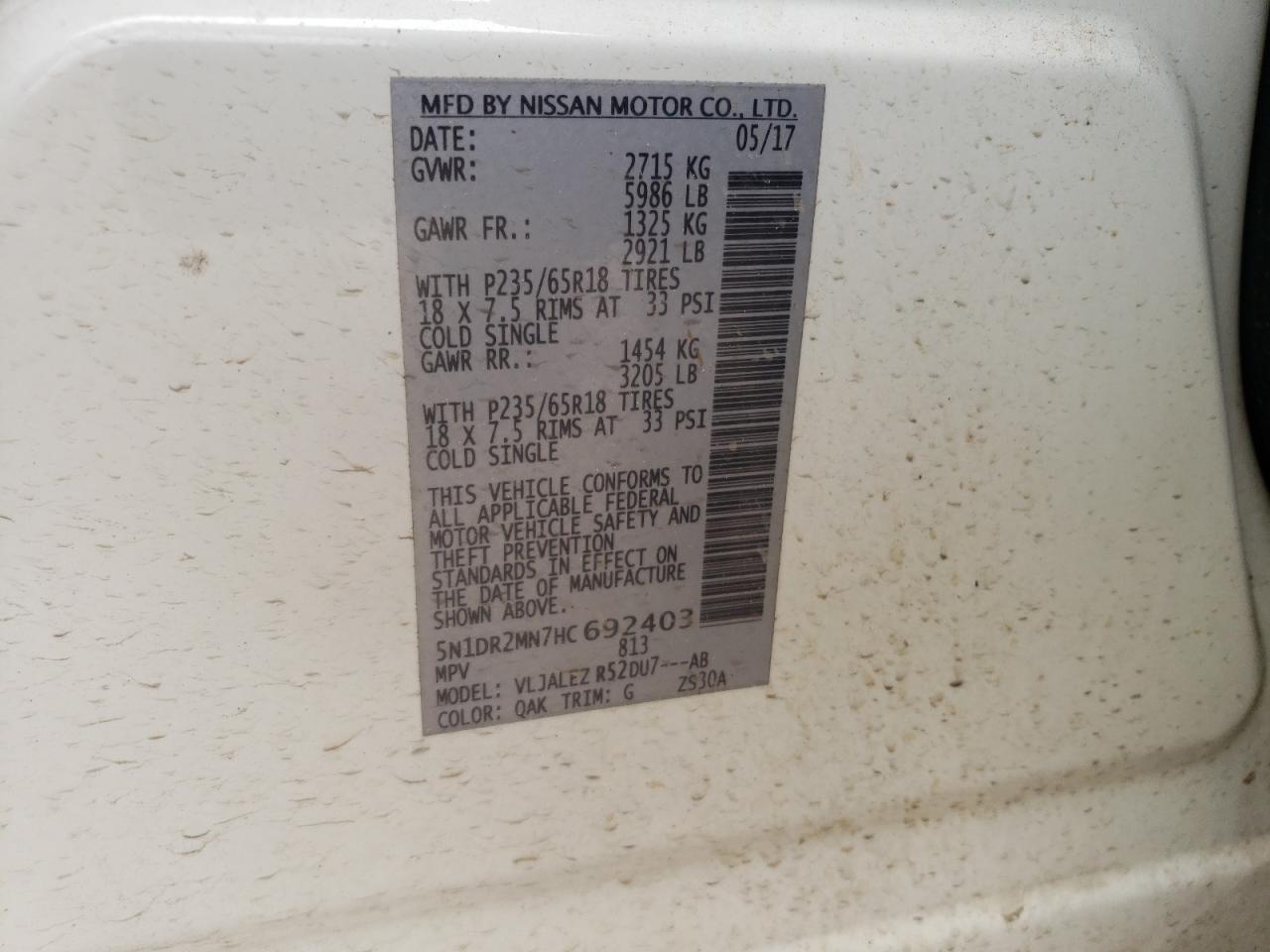 Photo 10 from auction – 2017 NISSAN PATHFINDER with VIN 5N1DR2MN7HC692403