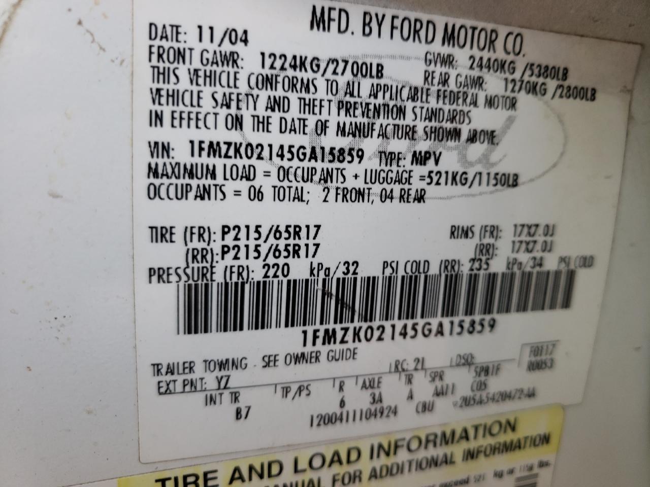 Photo 10 from auction – 2005 FORD FREESTYLE with VIN 1FMZK02145GA15859