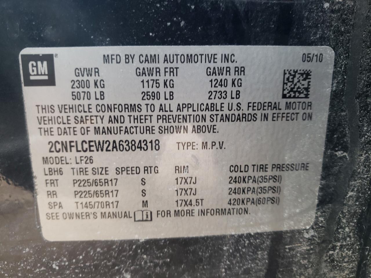 Photo 10 from auction – 2010 CHEVROLET EQUINOX LS with VIN 2CNFLCEW2A6384318