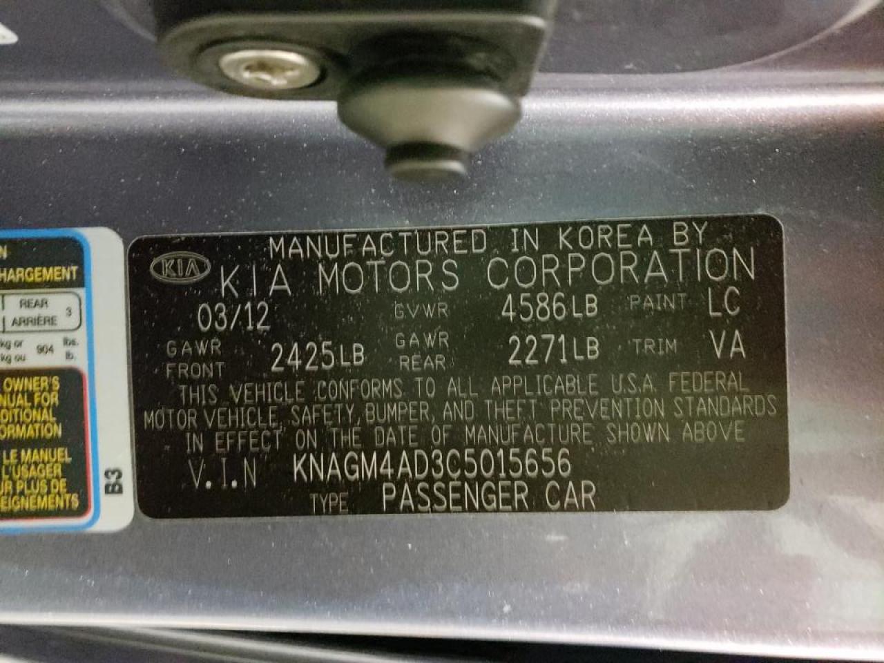 Photo 10 from auction – 2012 KIA OPTIMA HYB with VIN KNAGM4AD3C5015656