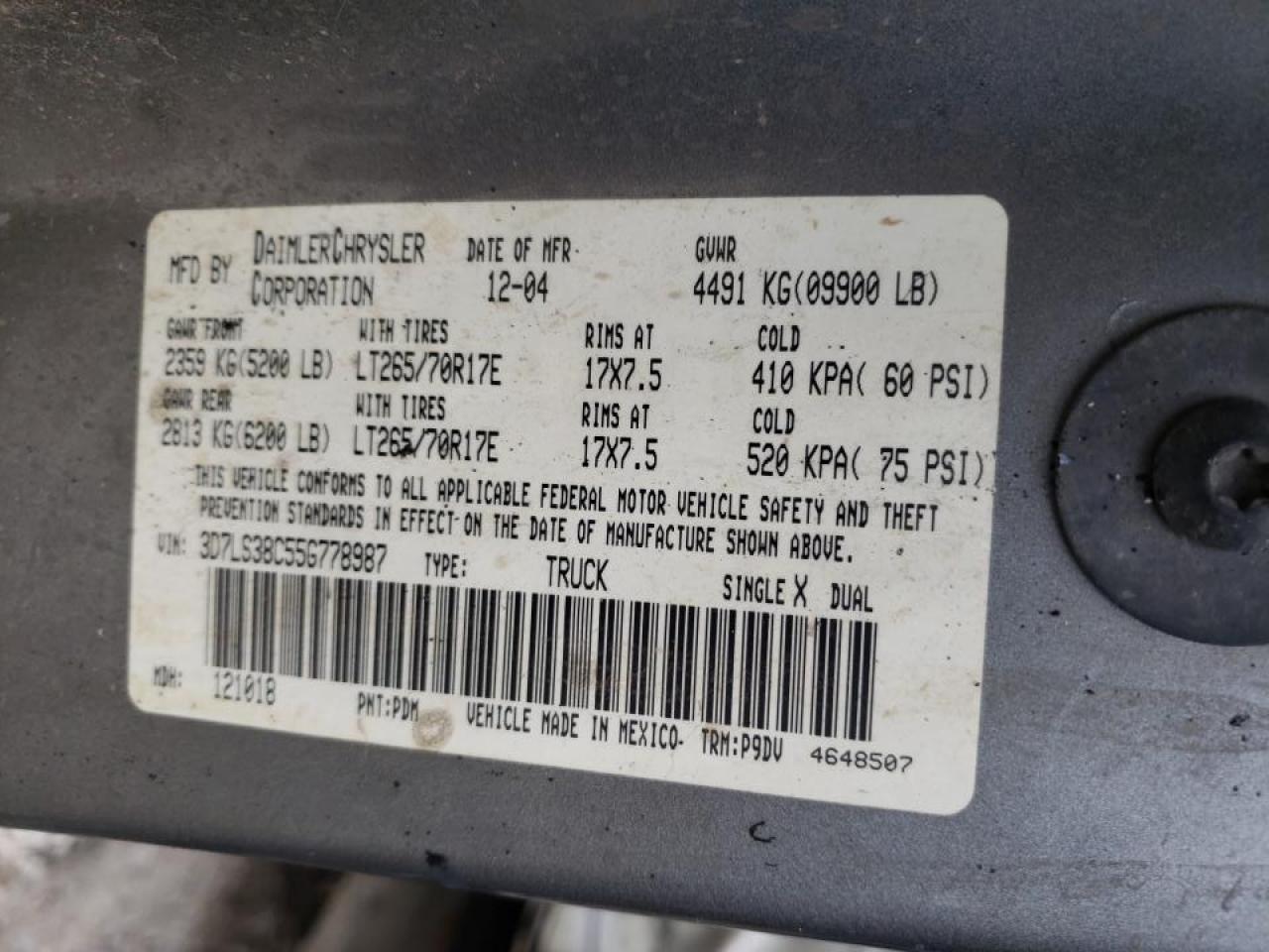 Photo 10 from auction – 2005 DODGE RAM 3500 S with VIN 3D7LS38C55G778987