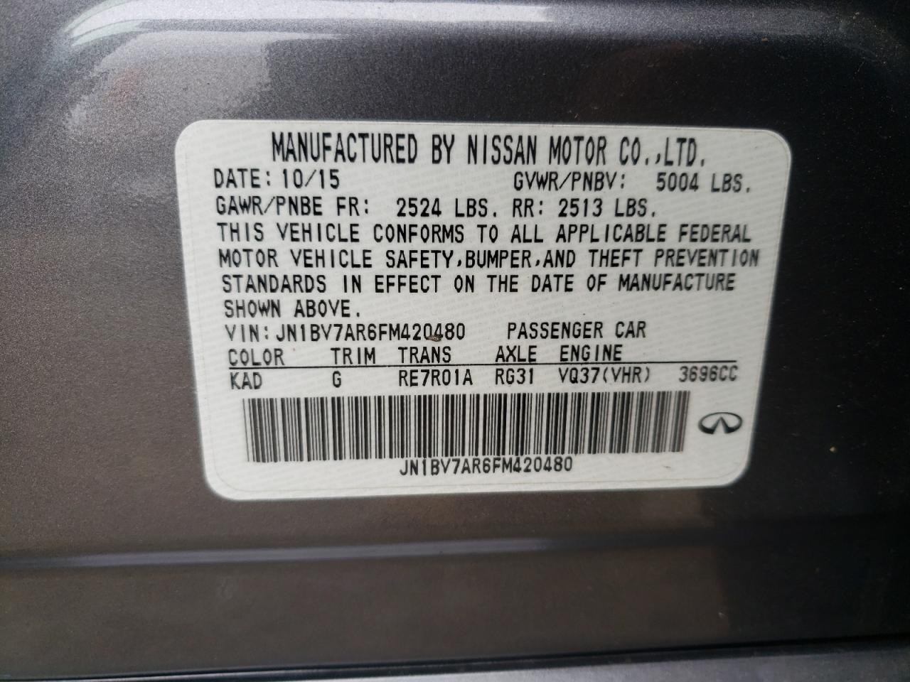 Photo 10 from auction – 2015 INFINITI Q50 BASE with VIN JN1BV7AR6FM420480