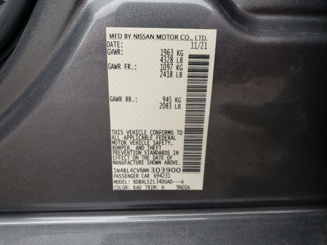 Photo 10 from auction – 2022 NISSAN ALTIMA with VIN 1N4BL4CV6NN303900