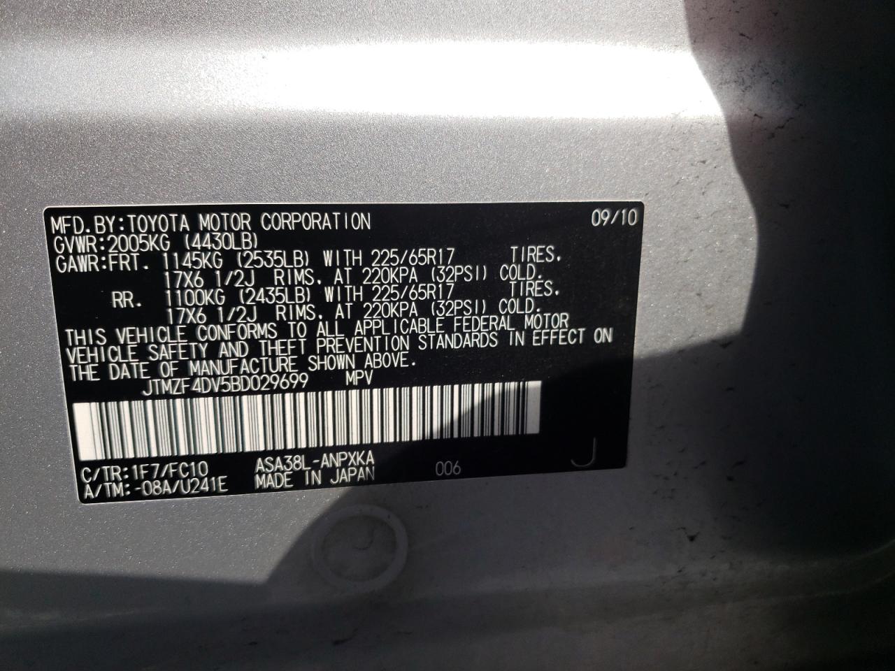 Photo 10 from auction – 2011 TOYOTA RAV4 with VIN JTMZF4DV5BD029699