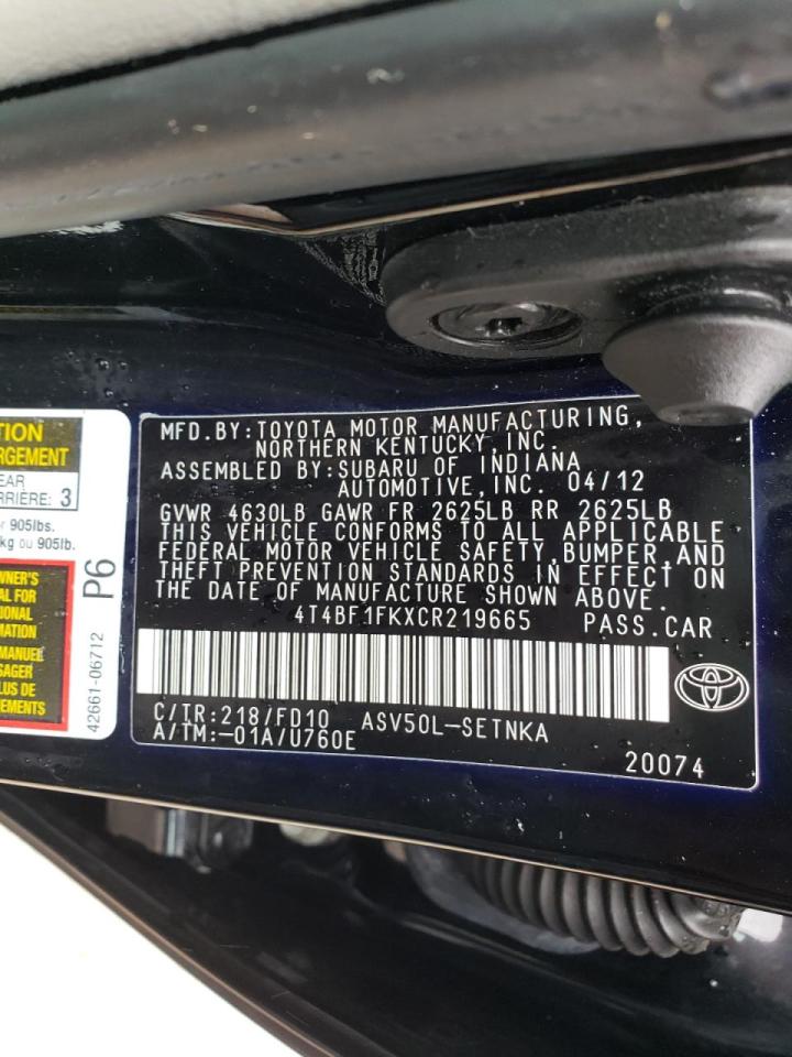 Photo 10 from auction – 2012 TOYOTA CAMRY BASE with VIN 4T4BF1FKXCR219665