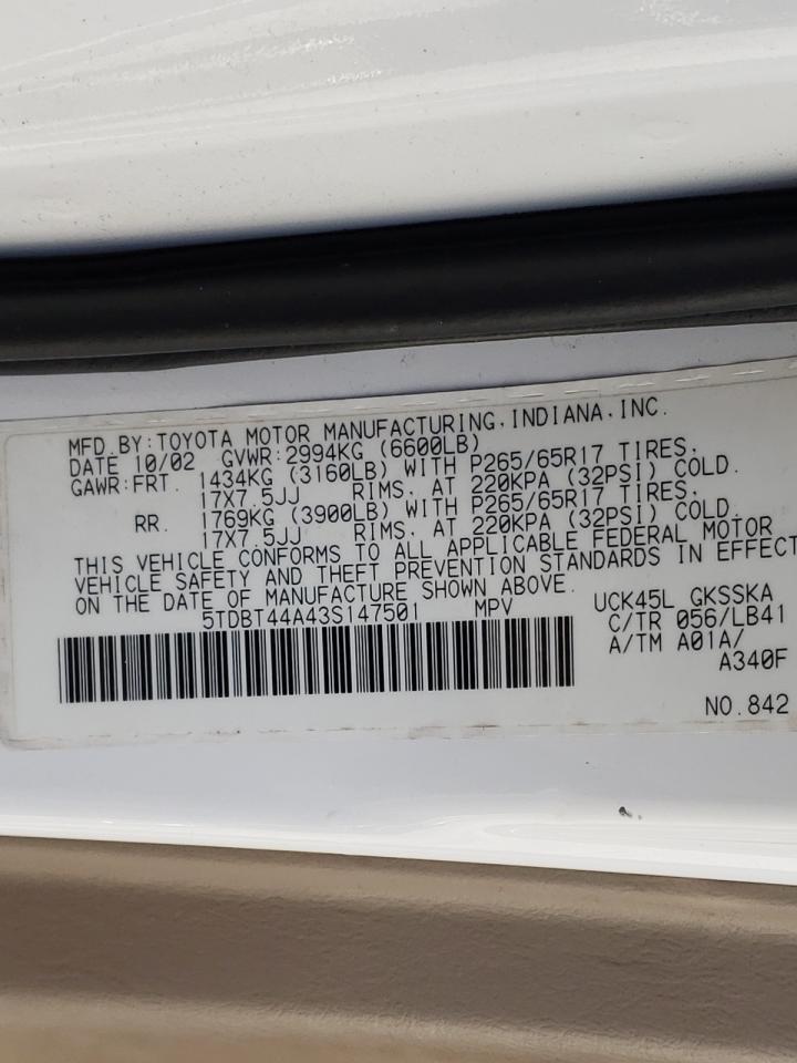 Photo 10 from auction – 2003 TOYOTA SEQUOIA sr with VIN 5TDBT44A43S147501