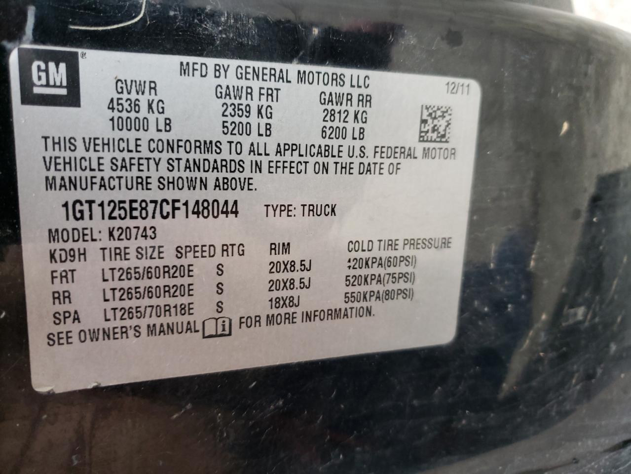 Photo 10 from auction – 2012 GMC SIERRA K25 with VIN 1GT125E87CF148044